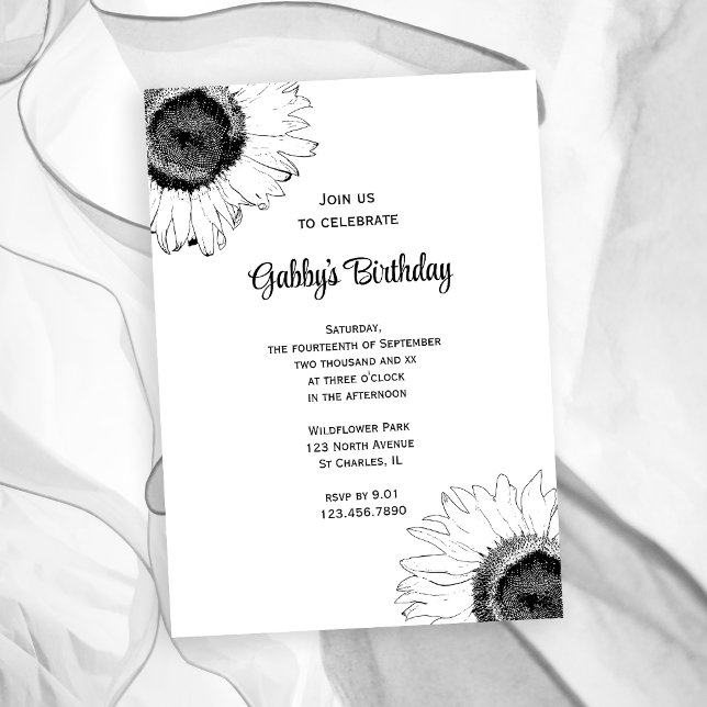 Invitación Fiesta de cumpleaños de los girasoles blancos y ne (Subido por el creador)