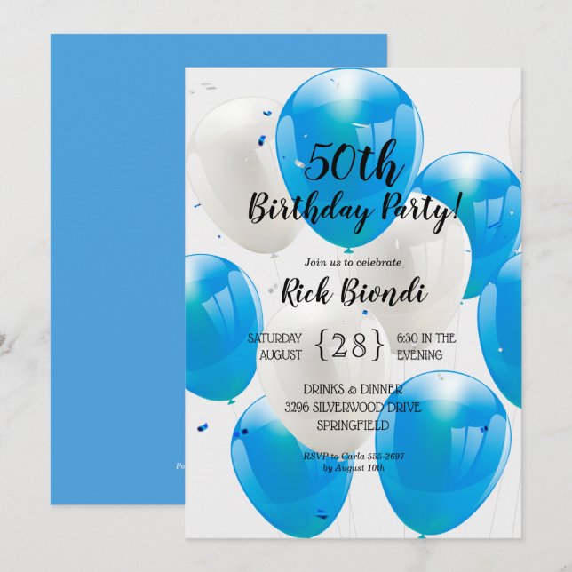 Invitación Fiesta de cumpleaños de los Globos Azules (Anverso / Reverso)