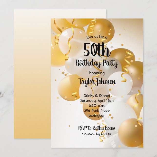 Invitación Fiesta de cumpleaños de los Globos Blancos de Oro (Anverso / Reverso)