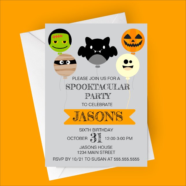 Invitación Fiesta de cumpleaños de los globos de Halloween (Halloween Balloons Birthday Party Invitation | Zombie, Bat, Mummy, Pumpkin, Ghost Balloons)