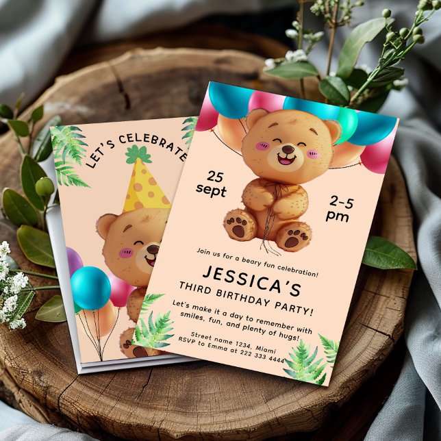 Invitación Fiesta de cumpleaños de los globos de oso feliz (Subido por el creador)