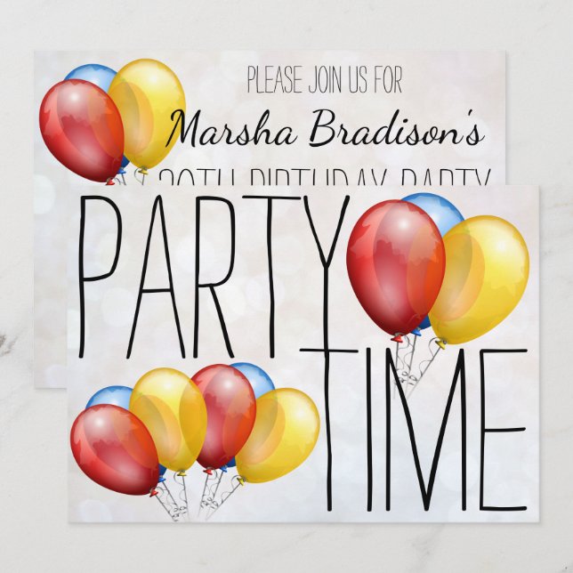 Invitación Fiesta de cumpleaños de los globos de tiempo fiest (Anverso / Reverso)