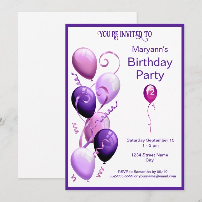 Invitación Fiesta de cumpleaños de los Globos Púrpura (Anverso / Reverso)