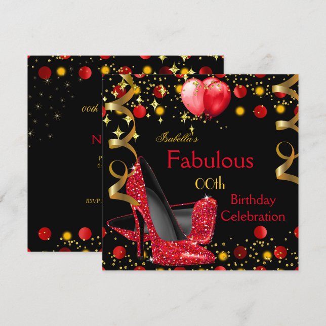 Invitación Fiesta de cumpleaños de los Globos Rojos de Oro de (Anverso / Reverso)
