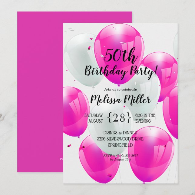 Invitación Fiesta de cumpleaños de los globos rosados (Anverso / Reverso)