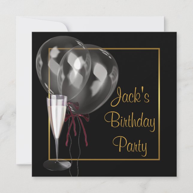 Invitación Fiesta de cumpleaños de los hombres de champán neg (Anverso)