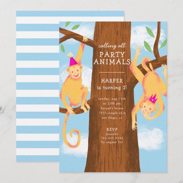 Invitación Fiesta de cumpleaños de los monos de la jungla div (Anverso / Reverso)