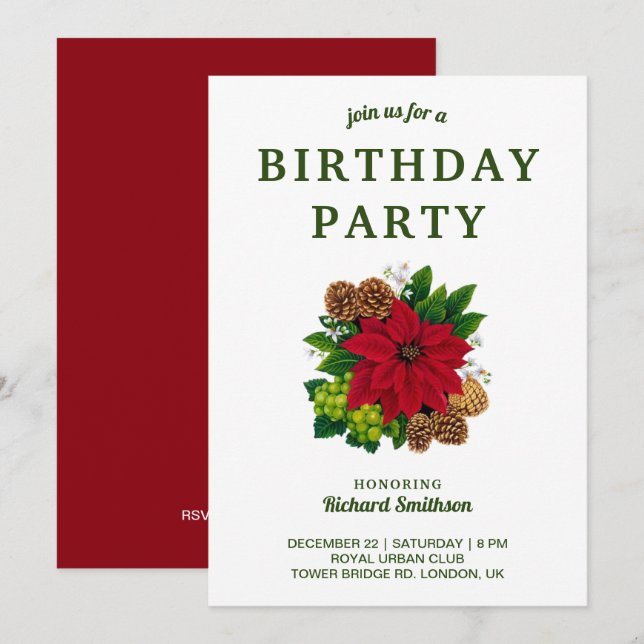 Invitación Fiesta de cumpleaños de los Navidades de Poinsetti (Anverso / Reverso)