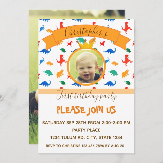 Invitación Fiesta de cumpleaños de los niños de Dinosaur foto (Anverso / Reverso)