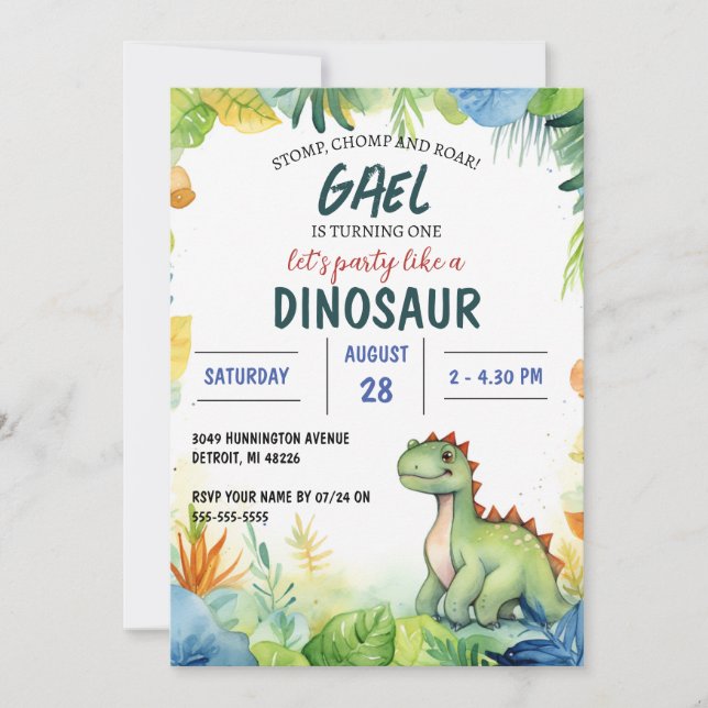 Invitación Fiesta de cumpleaños de los niños de Dinosaur Jung (Anverso)