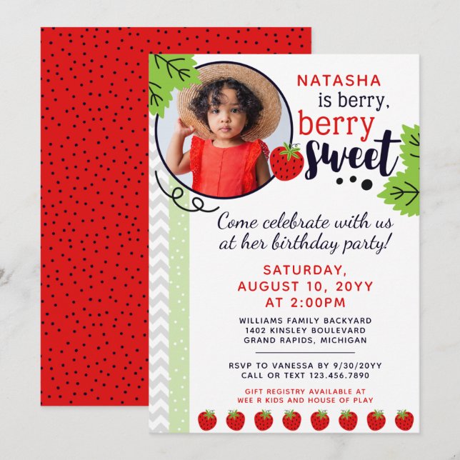 Invitación Fiesta de cumpleaños de los niños de fresa con dul (Anverso / Reverso)
