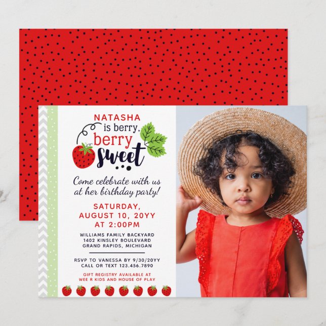 Invitación Fiesta de cumpleaños de los niños de fresa con dul (Anverso / Reverso)