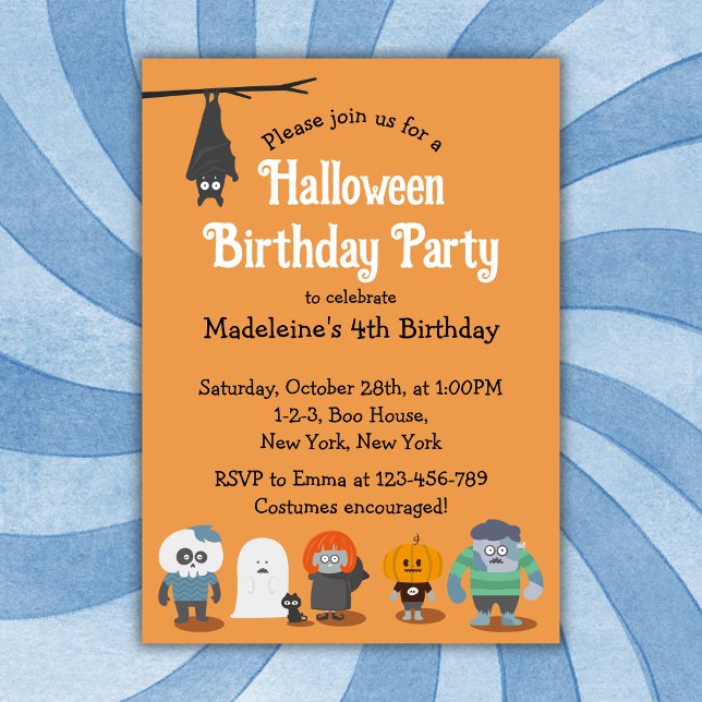 Invitación Fiesta de cumpleaños de los niños de Halloween (Kids Cute Halloween Birthday Party Invitation. Kids birthday party, Halloween Party. Orange.)
