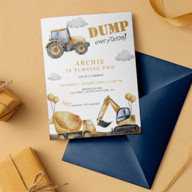 Invitación Fiesta de cumpleaños de los niños de la camioneta  (Dump Everything Birthday Boy Construction Dump Truck Yellow Digital Template Birthday Party Invite)