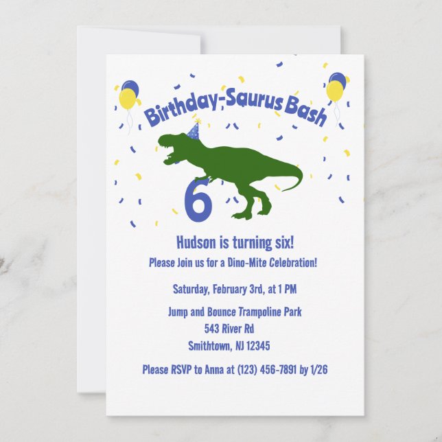 Invitación Fiesta de cumpleaños de los niños de los dinosauri (Anverso)