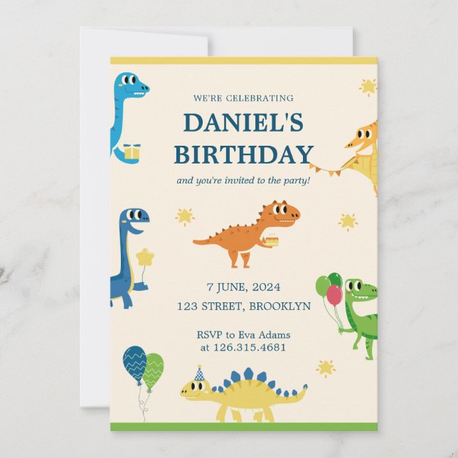 Invitación Fiesta de cumpleaños de los niños de los dinosauri (Anverso)