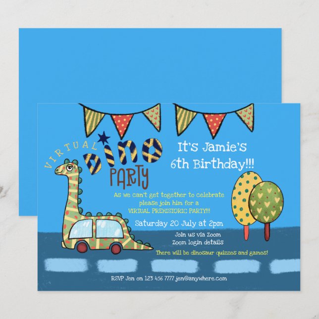 Invitación Fiesta de cumpleaños de los niños de los dinosauri (Anverso / Reverso)