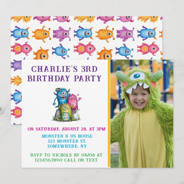 Invitación Fiesta de cumpleaños de los niños de los monstruos (Anverso / Reverso)