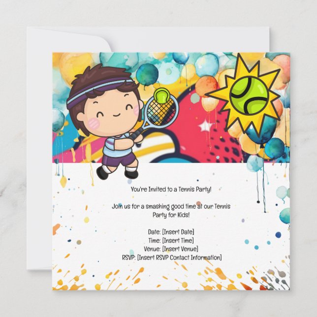 Invitación Fiesta de cumpleaños de los niños de tenis (Anverso)