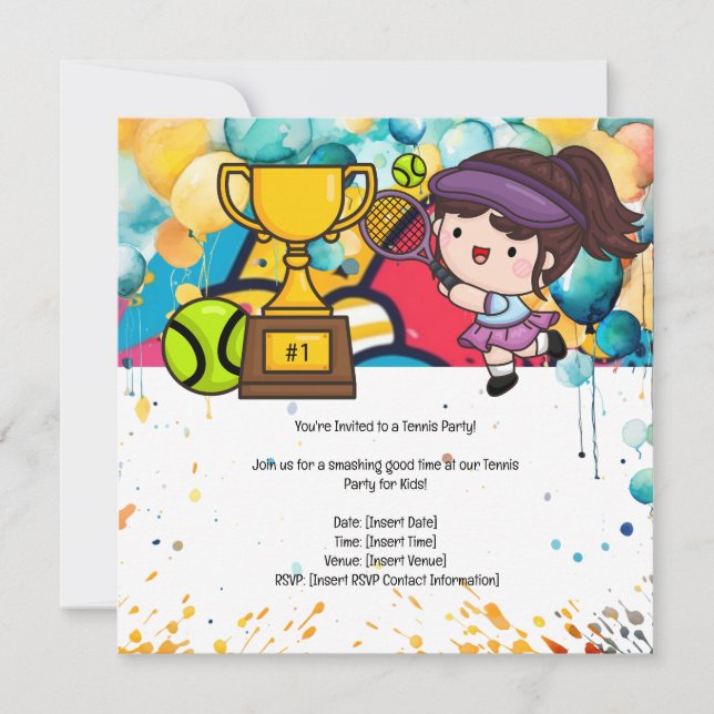 Invitación Fiesta de cumpleaños de los niños de tenis (Anverso)