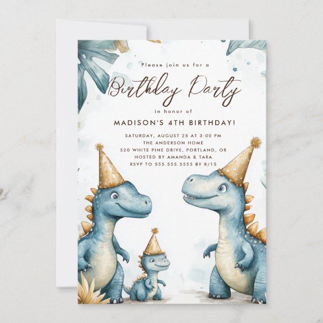 Invitación Fiesta de cumpleaños de los niños dinosaurios (Anverso)