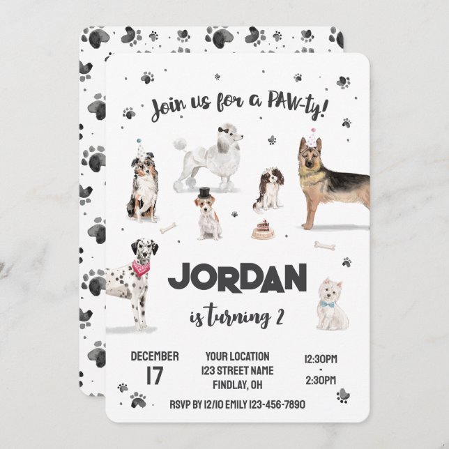 Invitación Fiesta de cumpleaños de los perros con acuarela re (Anverso / Reverso)