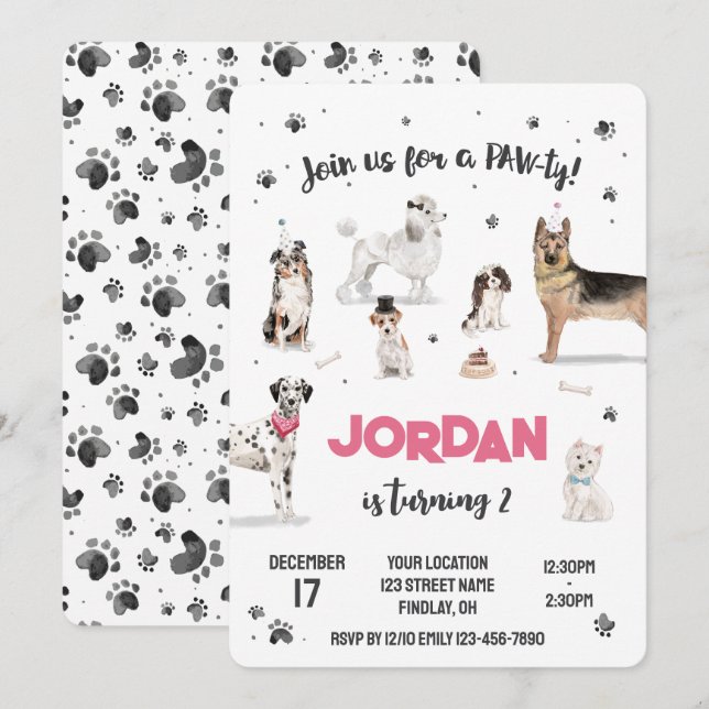 Invitación Fiesta de cumpleaños de los perros con acuarela re (Anverso / Reverso)