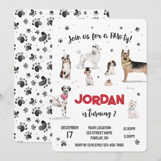 Invitación Fiesta de cumpleaños de los perros con acuarela re (Anverso / Reverso)