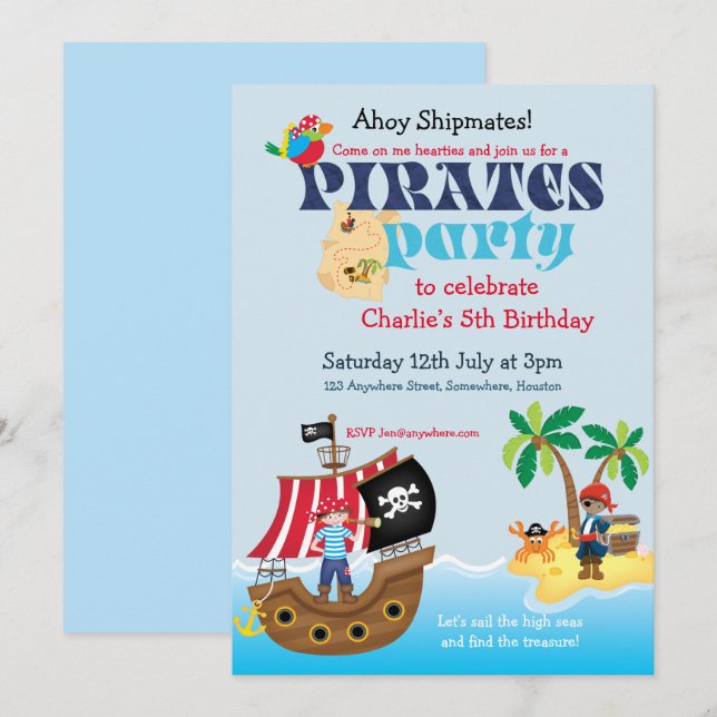 Invitación Fiesta de cumpleaños de los piratas (Anverso / Reverso)