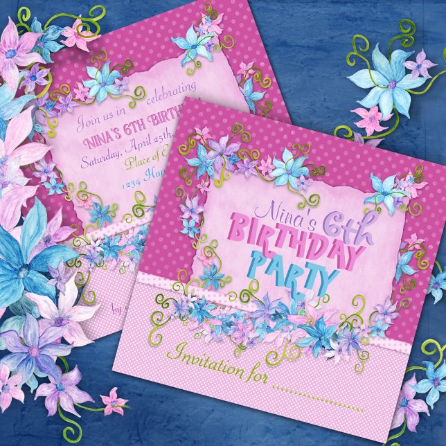 Invitación Fiesta de cumpleaños de los puntos florales rosado (Subido por el creador)