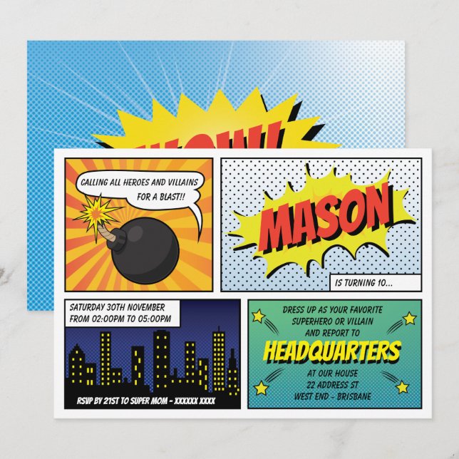 Invitación Fiesta de cumpleaños de los superhéroes y villanos (Anverso / Reverso)
