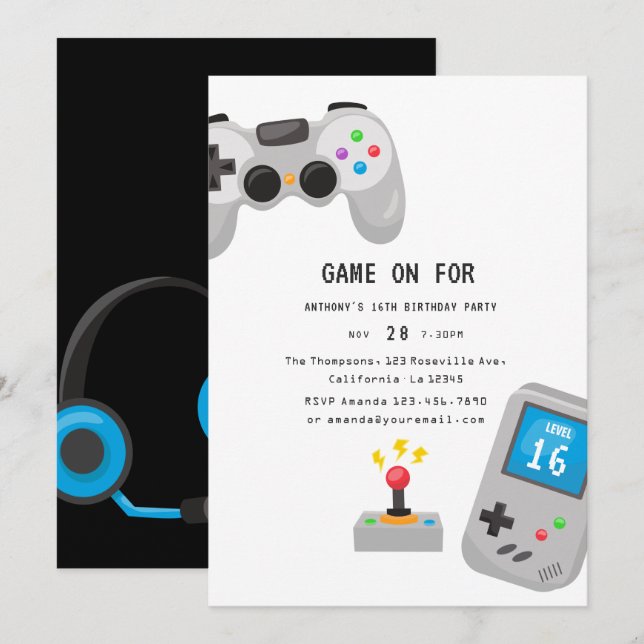 Invitación Fiesta de cumpleaños de los videojuegos (Anverso / Reverso)