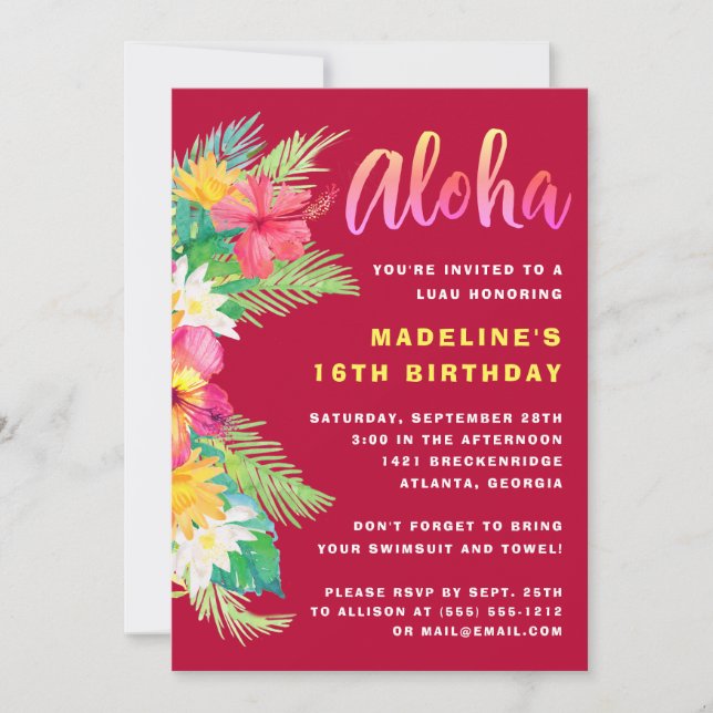 Invitación Fiesta de cumpleaños de Luau, Aloha Tropical (Anverso)
