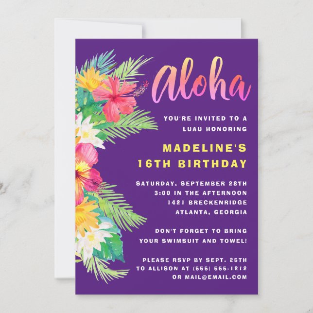 Invitación Fiesta de cumpleaños de Luau, Aloha Tropical (Anverso)