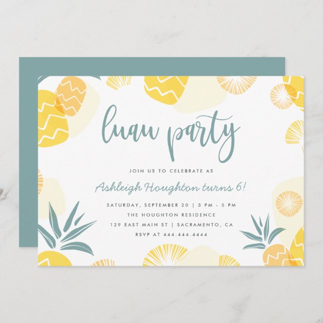 Invitación Fiesta de cumpleaños de Luau de Piña Amarilla (Anverso / Reverso)