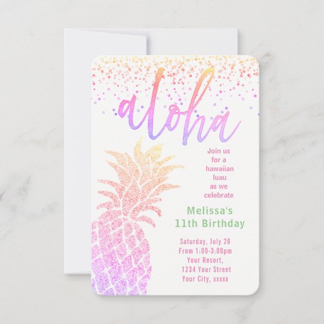Invitación fiesta de cumpleaños de luau faux purpurina pineap (Anverso)
