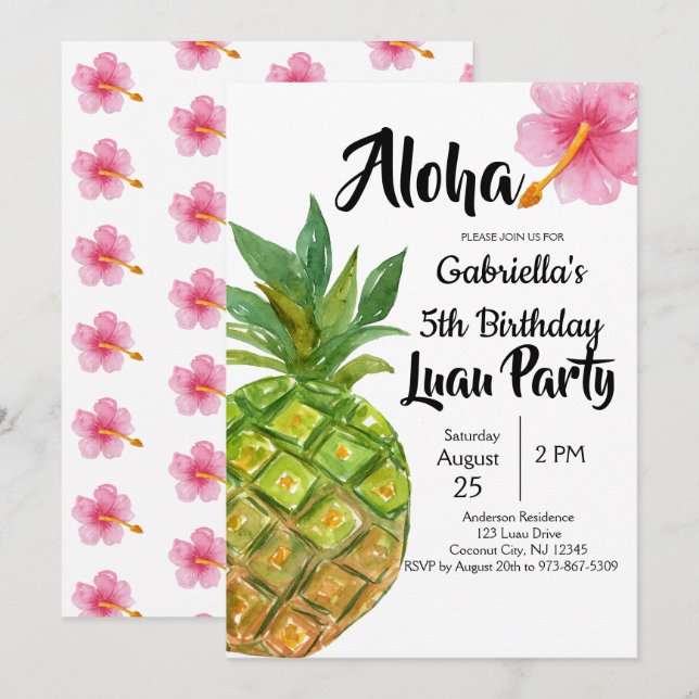 Invitación Fiesta de cumpleaños de Luau Pineapple (Anverso / Reverso)