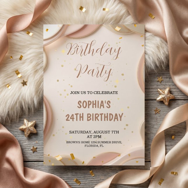 Invitación Fiesta de Cumpleaños de Lujo Abstracto Beige y Ros (Subido por el creador)