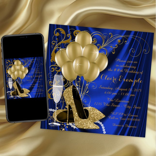 Invitación Fiesta de Cumpleaños de Lujo Azul Real y Dorado pa (Womans royal blue gold high heel shoe any number birthday invitation. Download and print available.)