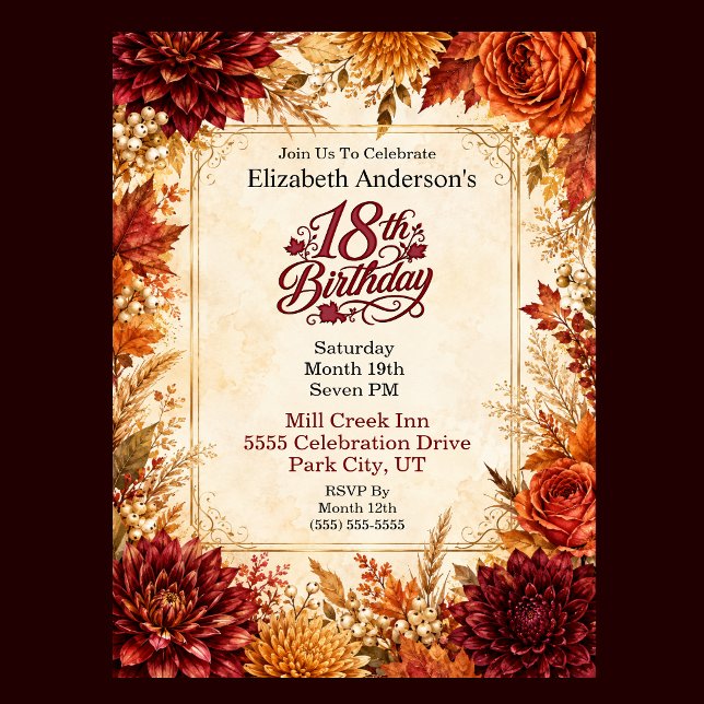 Invitación Fiesta de cumpleaños de lujo de otoño 18 (Luxury Autumn 18th Birthday Invitation For Women.)