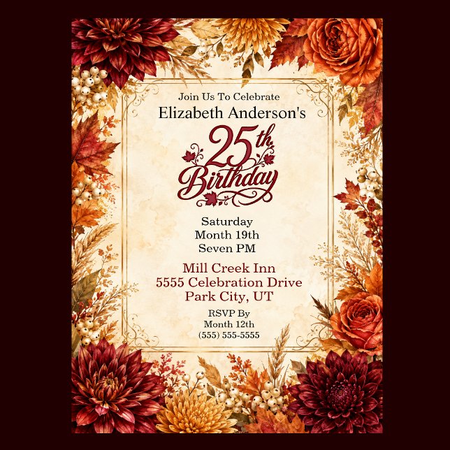Invitación Fiesta de cumpleaños de lujo de otoño 25 (Luxury Autumn 25th Birthday Invitation For Women. )