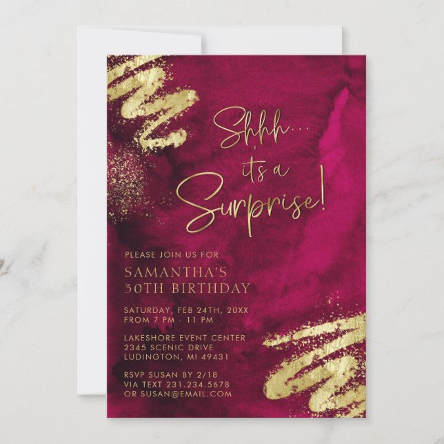 Invitación Fiesta de cumpleaños de lujo Maroon Red and Gold S (Anverso)