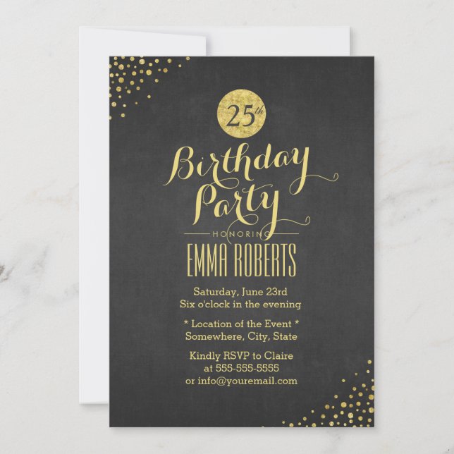 Invitación Fiesta de cumpleaños de lujo negro y oro (Anverso)