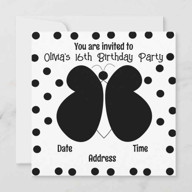 Invitación Fiesta de Cumpleaños de Lunares de Mariposa (Anverso)