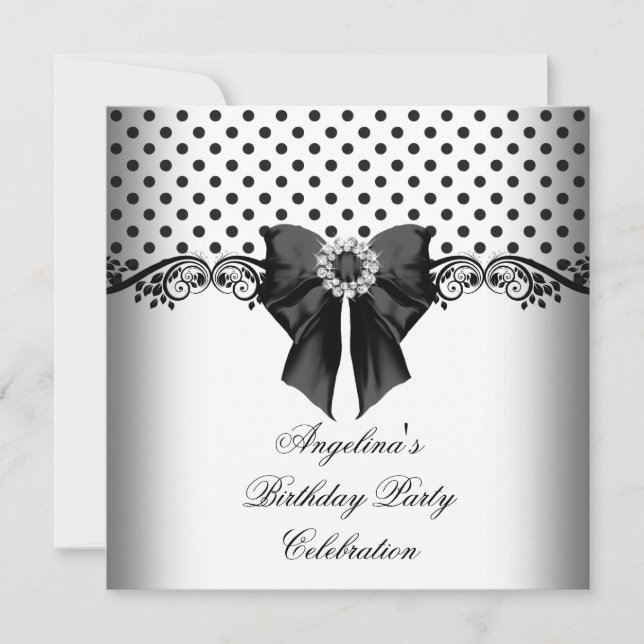 Invitación Fiesta de Cumpleaños de Lunares Negro Blanco (Anverso)