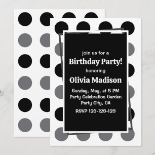 Invitación Fiesta de Cumpleaños de Lunares Negros Grises
