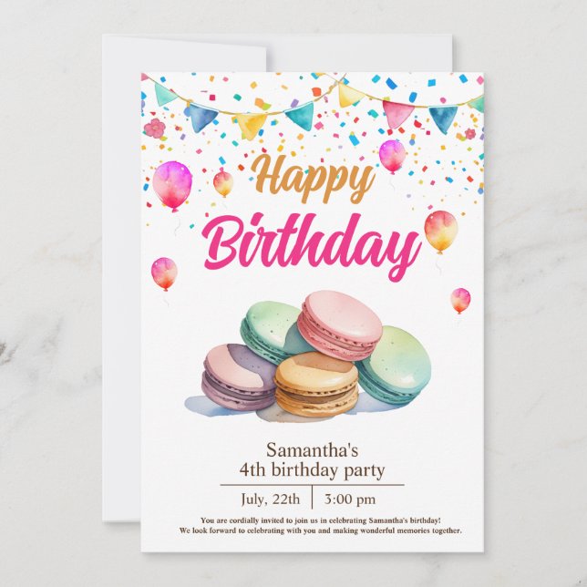 Invitación fiesta de cumpleaños de macarons adorable y de col (Anverso)