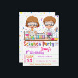 Invitación Fiesta de cumpleaños de Mad Science `Invitación pa<br><div class="desc">Sorprenda a sus invitados con esta colorida invitación para la fiesta de cumpleaños de la ciencia que incluye elementos científicos como herramientas experimentales y dos científicos haciendo un experimento, los puntos coloridos son para el fondo. Simplemente agregue los detalles de su evento en esta plantilla fácil de usar para convertirla...</div>