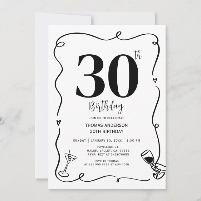 Invitación Fiesta de cumpleaños de mano dibujada 30,40,50, (Anverso)