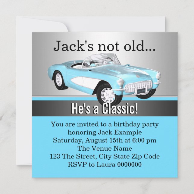 Invitación Fiesta de cumpleaños de Mans Blue Antique Car (Anverso)